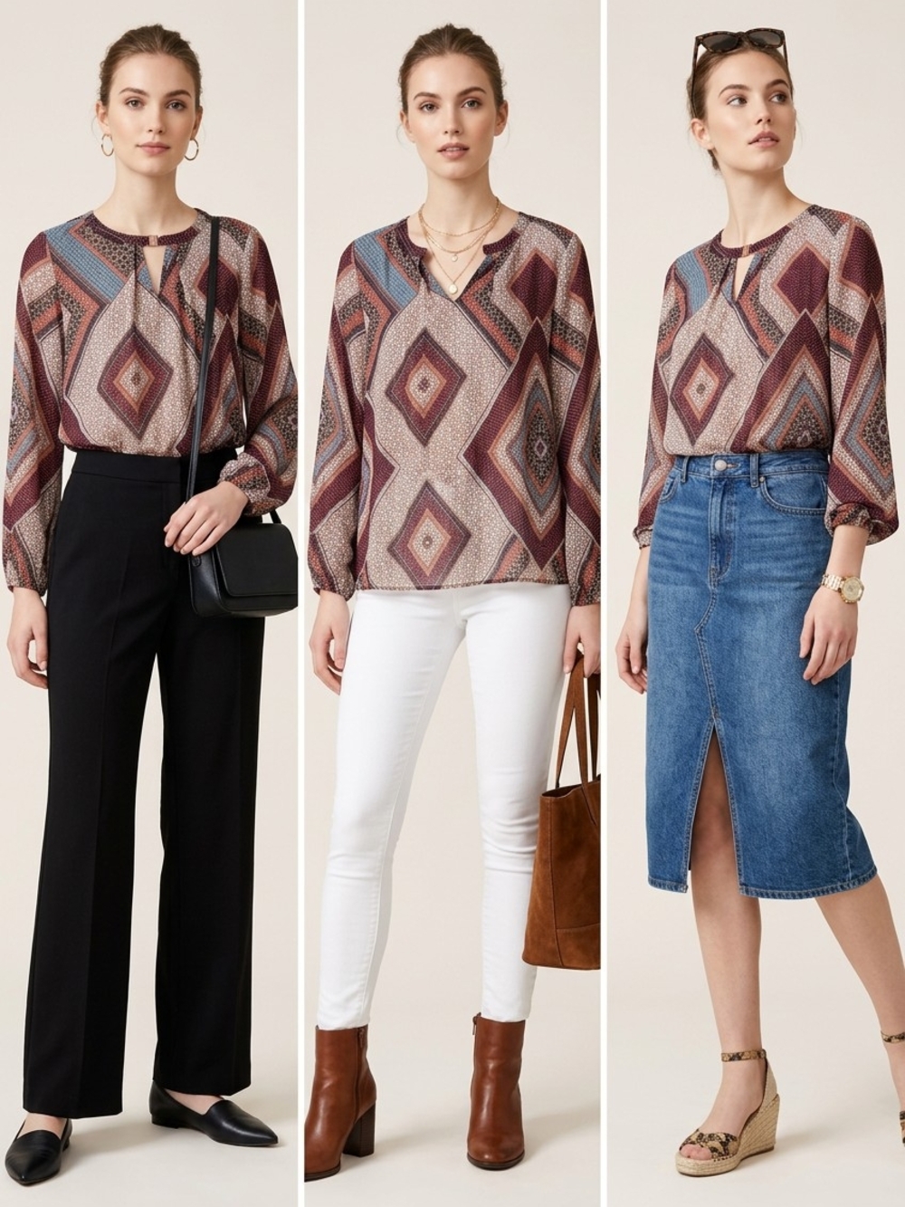 I.N. Studio Burgundy Multi Geometric V-Neck Blouse